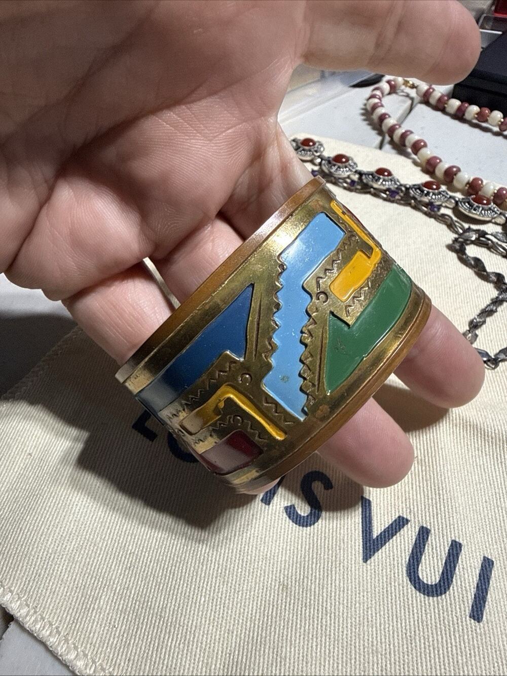 SIGNED COBRE MEXICO VINTAGE ENAMEL CUFF BRACELET COPPER WITH BRASS